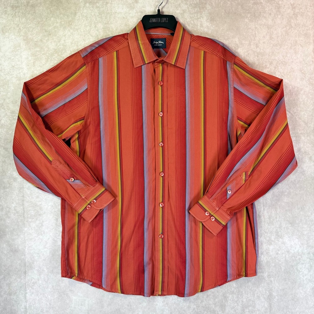 Indigo Palms Tommy Bahama Shirt Men Large Orange Multi Stripe Button Boho Preppy